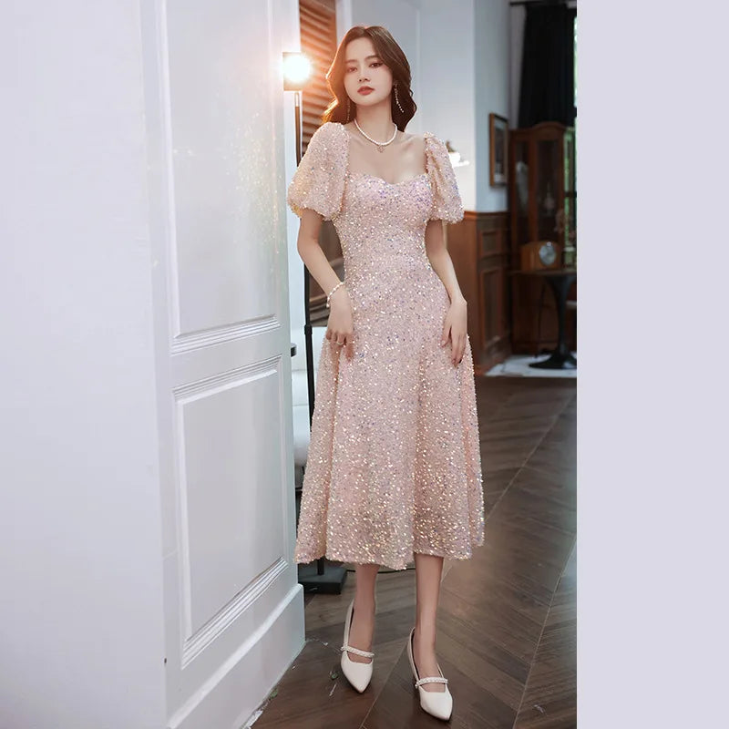 knee length dresses for ladies Rotate Women's Sequins Puff Sleeve Dress