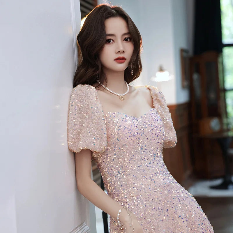 Elegant Sequin Puff Sleeve Midi Party Dress on Luulla