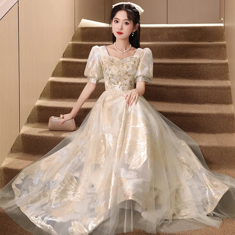 Elegant Gold Embroidered Puff Sleeve Evening Gown