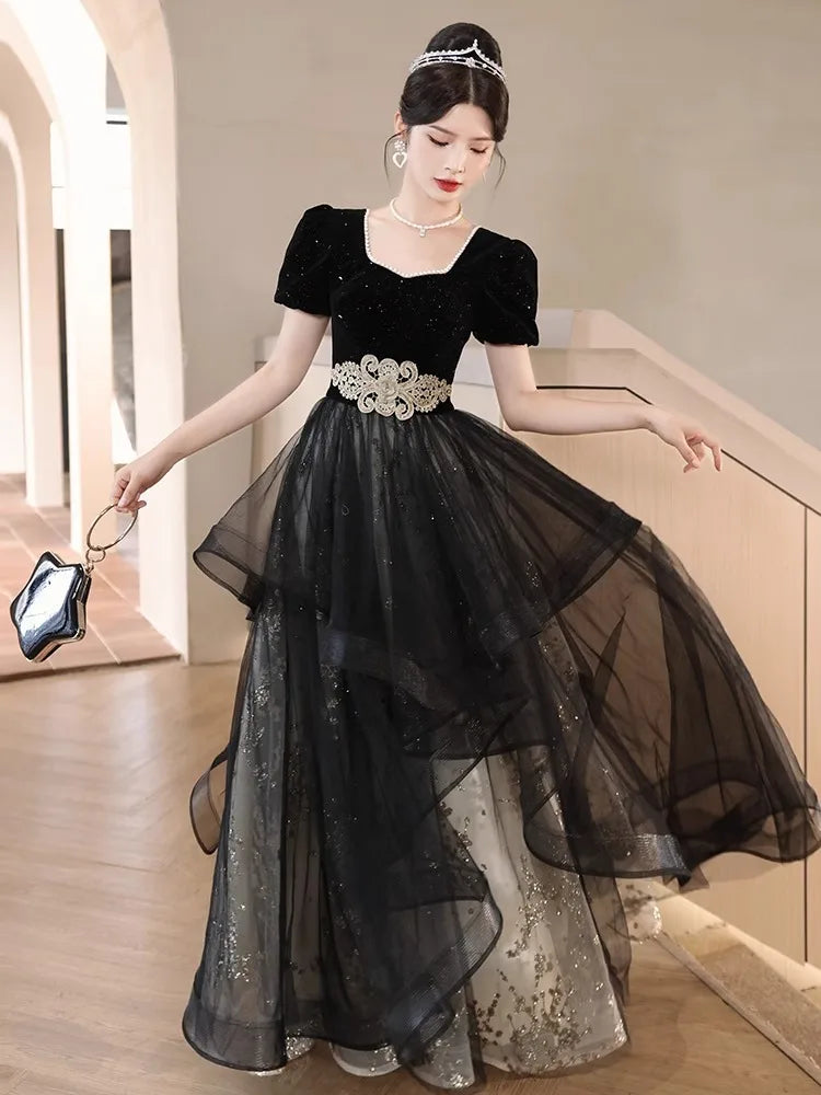 classy black evening dresses Chic A-line V neck Long Sleeve Prom Dresses Elegant Black Evening Gown –  SELINADRESS main image 0
