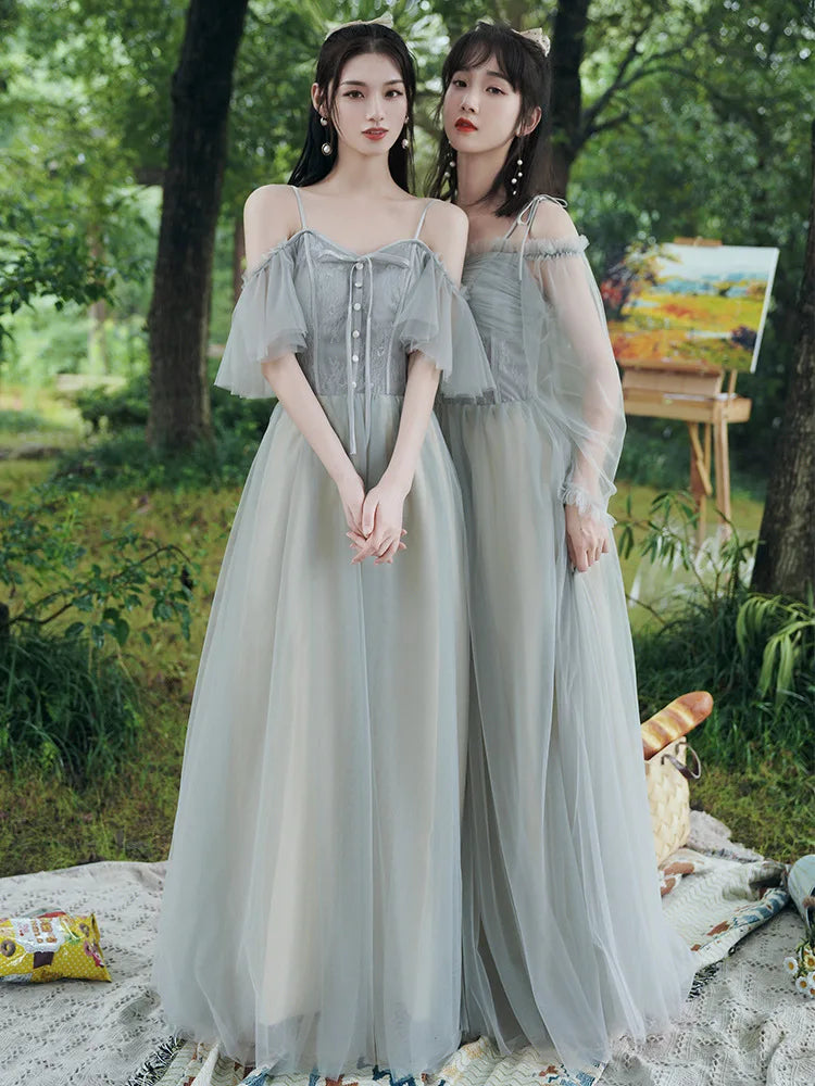 Elegant Gray Maxi Dresses With Sheer Sleeves on Luulla