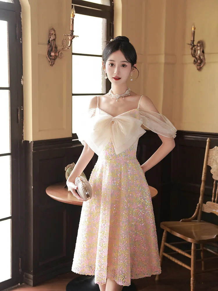 Elegant Pastel Sequin Off shoulder Evening Dress on Luulla