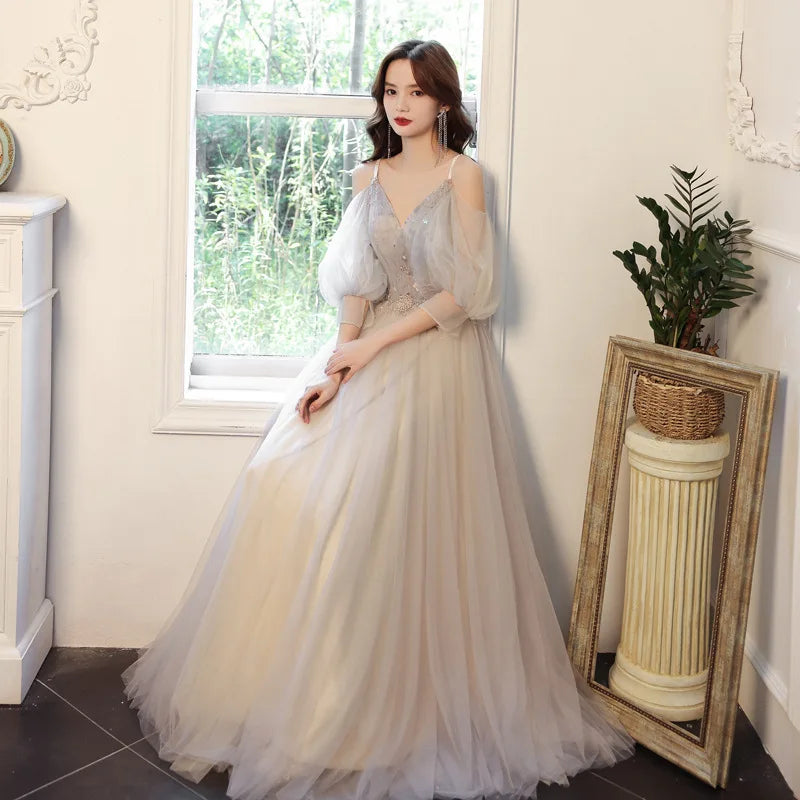 Elegant Evening Gown With Sheer Sleeves Design on Luulla