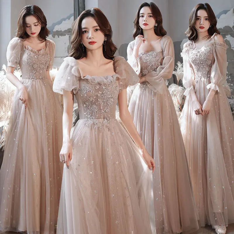 Elegant Champagne Evening Gown With Puff Sleeves on Luulla