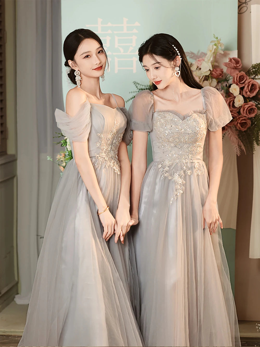 Elegant Silver Bridesmaid Dress With Embellished Bodice on Luulla