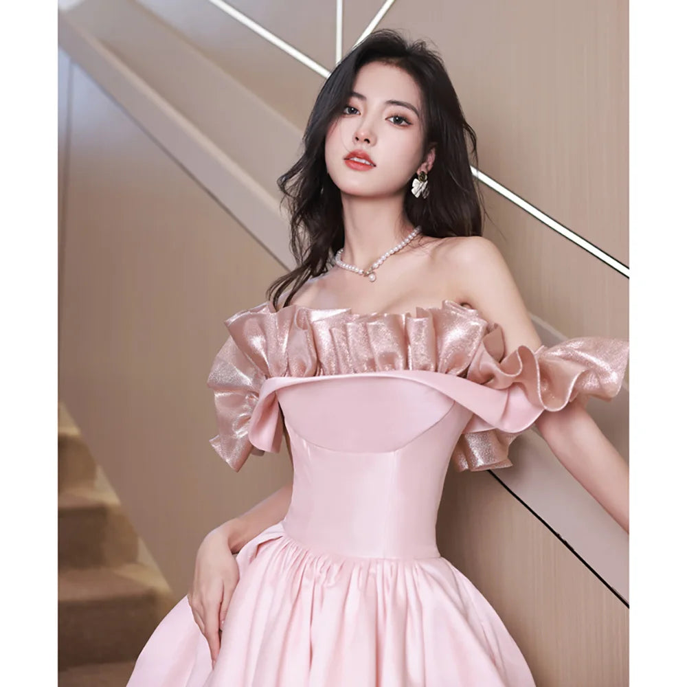 Elegant Off-Shoulder Ruffled Pink Evening Gown