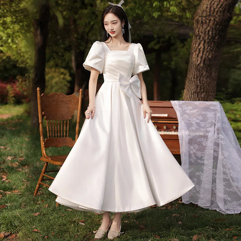 Elegant White Puff Sleeve Midi Party Dress