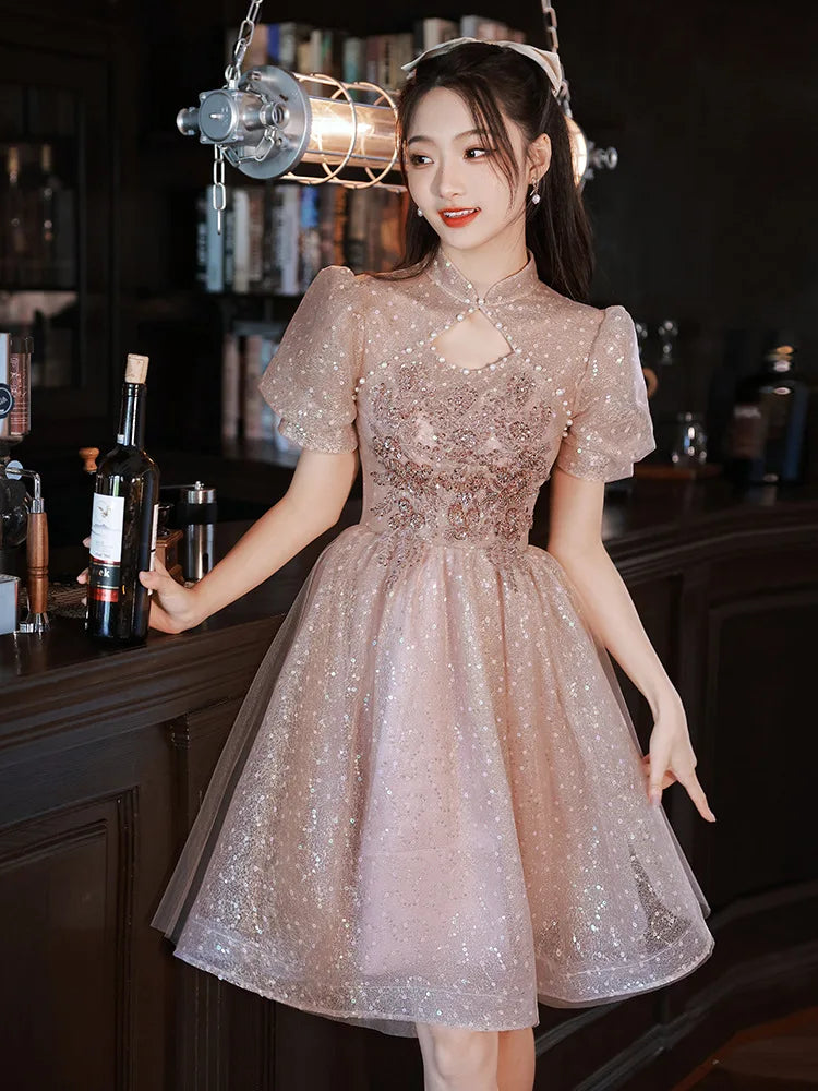 Elegant Short-sleeve Glitter Mesh Party Dress