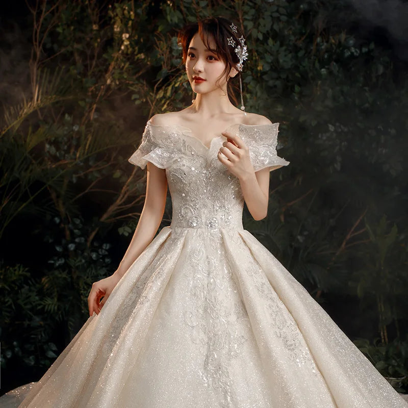 Gorgeous Ball Gown Off the Shoulder Lace Wedding Dress with Long Sleeves VK25060903