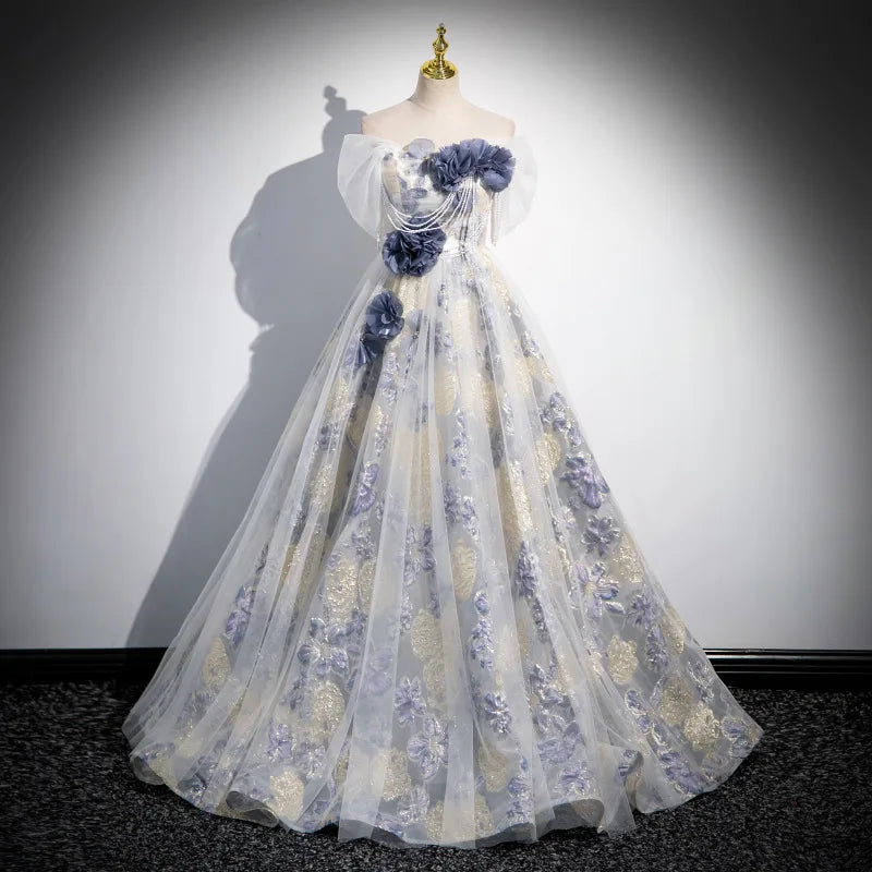 Elegant Floral Embroidered Off-shoulder Evening Gown on Luulla