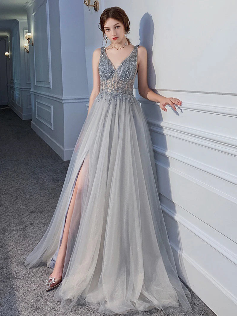 Long gown silver gray cheap
