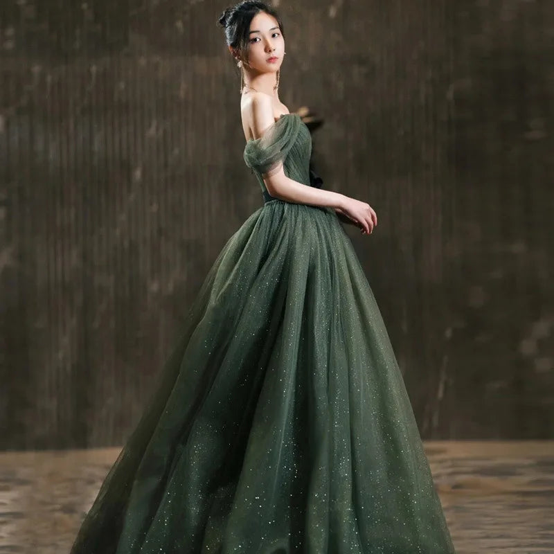 Elegant Off-shoulder Dark Green Tulle Gown