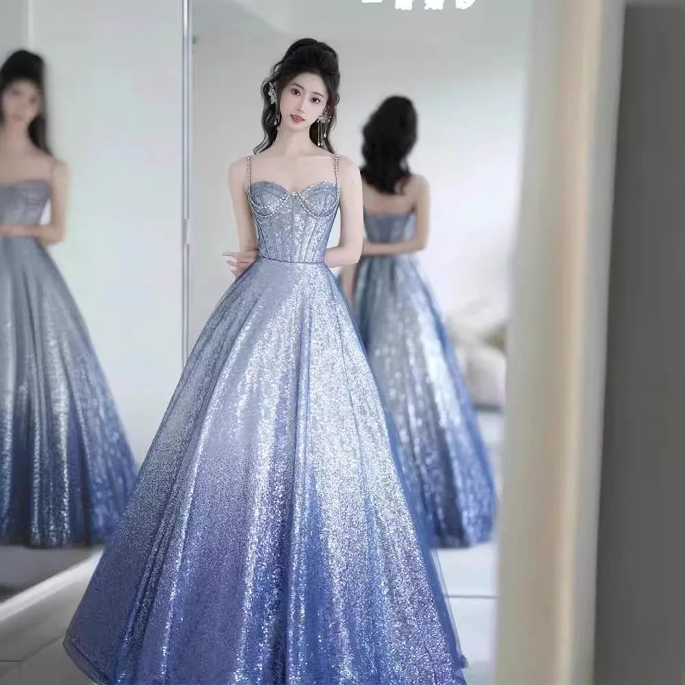 Elegant Blue Sequin Strapless Ball Gown Dress