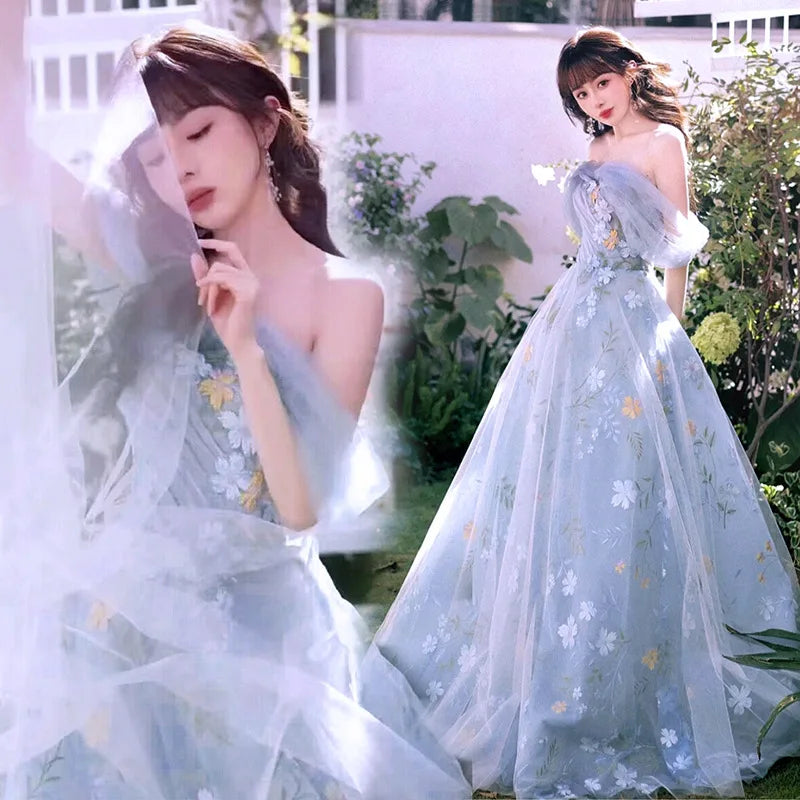 Elegant Floral Embroidered Off-shoulder Evening Gown on Luulla