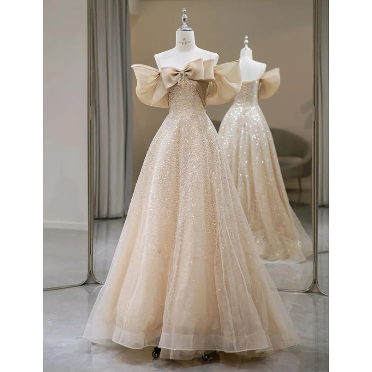 Elegant Champagne Glitter Off-shoulder Ball Gown