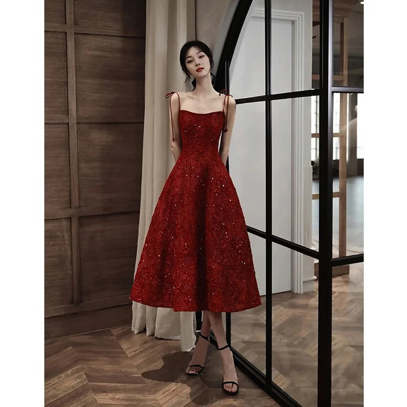 Elegant Sequined Red A-Line Evening Dress