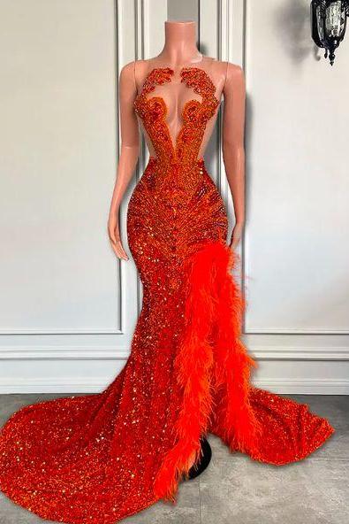 Red Shinning Prom Dresses For Black Girls Fashion Rhinestones Luxury Evening Gown For Women Diamonds Feather Formal Occasion Dresses With Side