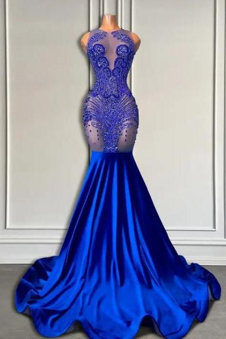 Royal Blue Rhinestones Prom Dresses Luxury Birthday Party Dresses Vestidos De Gala Formal Occasion Dresses Diamonds Evening Gowns For Women
