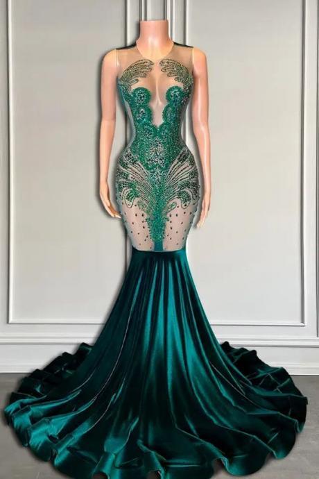 Emerald Green Fashion Prom Dresses Diamonds Rhinestones Sheer Neck Sexy Party Dresses Vestidos De Fiesta Crystals Mermaid Formal Wear