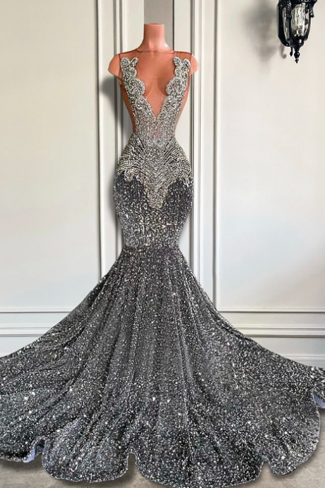 Shinning Custom Prom Dresses Sleeveless Mermaid Gray Diamonds Prom Gown Rhinestones Modest Luxury Formal Evening Gown Abendkleider