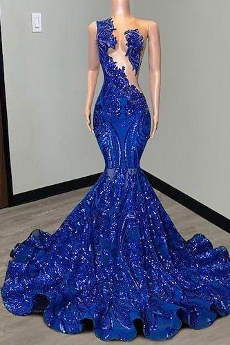 Modest Royal Blue Prom Dresses Glitter Applique Elegant Formal Gown For Women Arabic Sleeveless Custom Fashion Party Dresses Vestidos De Gala