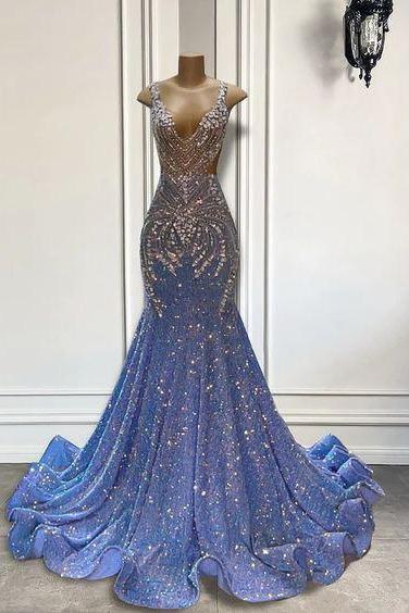 Rhinestones Luxury Prom Dresses For Women Crystals Blue Sparkly Prom Gown Elegant Fishtail Formal Occasion Dresses Homecoming Dresses