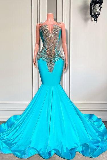 Blue Prom Dresses Custom Rhinestone Embellished Evening Gown For Women Luxury Fashion Birthday Party Dresses Formal Wear Black Girls Outfit