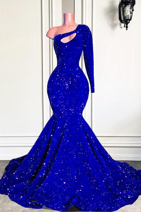 One Shoulder Prom Dresses Sparkly Sequins Royal Blue Evening Dresses For Women Vestidos De Fiesta Custom Elegant Formal Occasion Dresses
