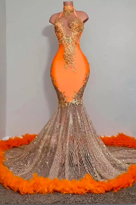 Feather Orange Prom Dresses 2024 Sparkly Elegant High Neck Formal Gown 2025 Robes De Soiree Femme Modest Custom Evening Gown