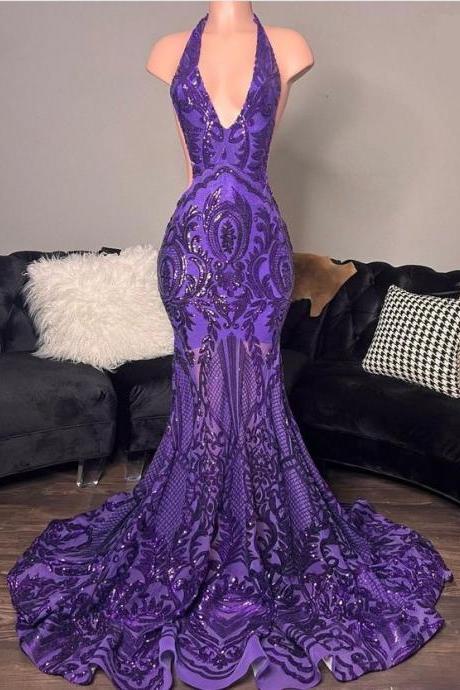 Sexy Purple Prom Dresses For Black Girls Sheer Halter Sparkly Evening Gown For Women Fashion Design Party Dresses Formal Occasion Dresses