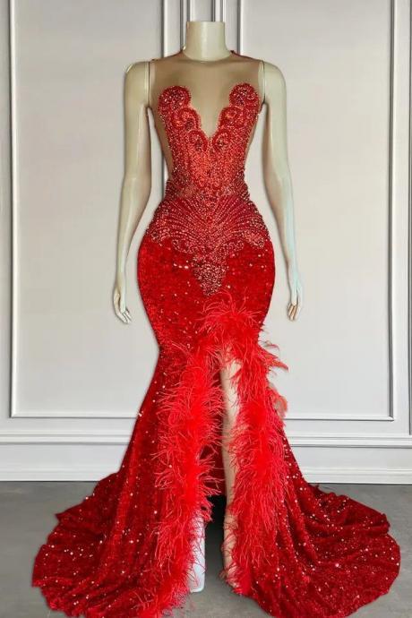 Feather Rhinestones Prom Dresses For Women Beading Red Sparkly Evening Gown Vestidos De Gala Formal Occasion Dresses Custom Prom Gown