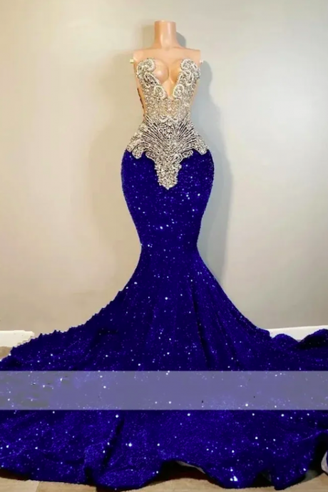 Sparkly Rhinestones Prom Dresses Fashion Design Royal Blue Evening Gown For Women Abendkleider Glitter Luxury Beading Formal Wear Vestidos De