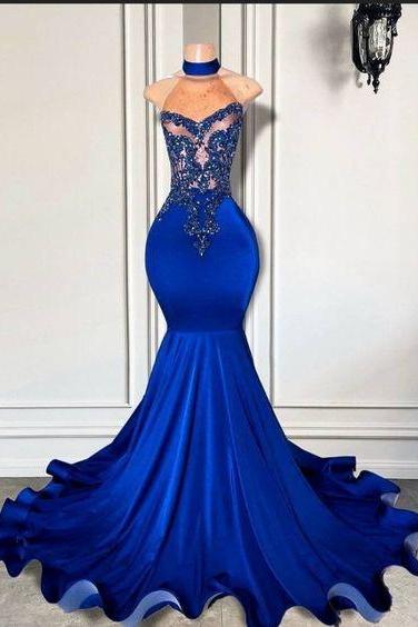 High Neck Prom Dresses Royal Blue Lace Applique Beading Formal Occasion Dresses Vestidos De Gala Elegant Luxury Birthday Party Dresses Robe De