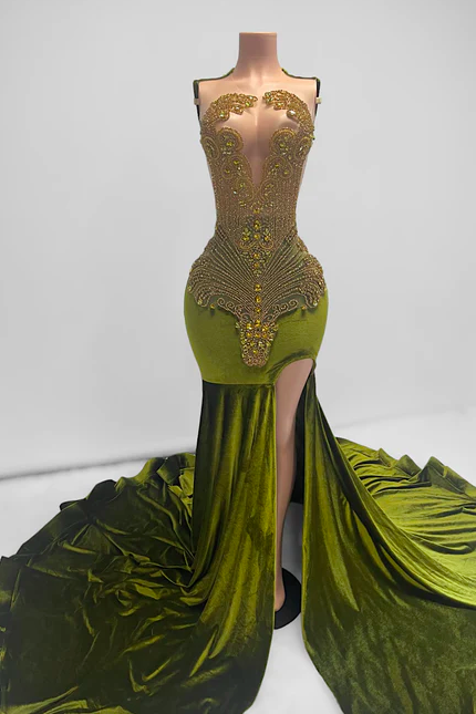 Olive Green Rhinestones Prom Dresses 2024 Luxury Gold Diamonds Fashion Evening Dresses 2025 Custom Modest Black Girls Evening Gown Vestidos De