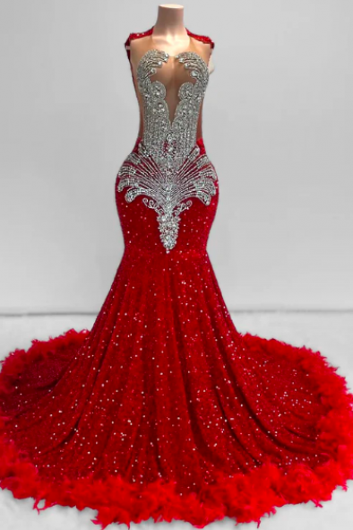 Feather Red Sparkly Prom Dresses Custom Make Glitter Fashion Rhinestones Women Party Dresses Mermaid Diamonds Luxury Evening Dresses Vestidos De