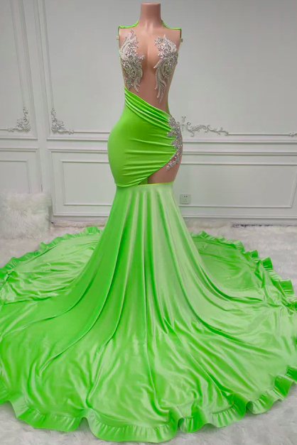 Lime Green Prom Dresses Sparkly Lace Applique Mermaid Evening Gown Pleated Fashion Party Dresses Vestidos De Gala