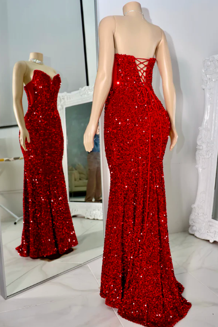 Strapless Red Sparkly Prom Dresses For Women Fully Sequined Glitter Evening Formal Gowns Fashion Elegant Party Dresses