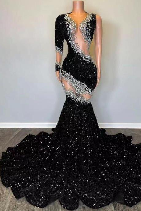 Black Fashion Prom Dresses 2025 Sparkly Rhinestones One Shoulder Prom Gown 2024 Vestidos De Fiesta Elegant Sequined Custom Formal Occasion
