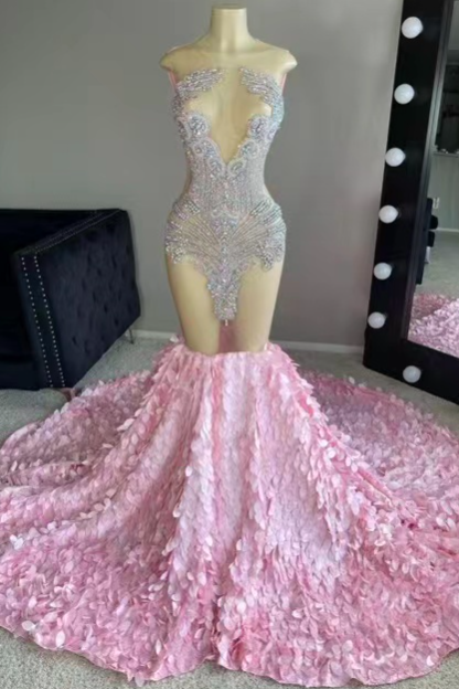 Floral Diamonds Prom Dresses Pink Sheer Mermaid Sexy Formal Occasion Dresses Rhinestones Luxury Birthday Party Dresses Vestidos De Gala Elegant