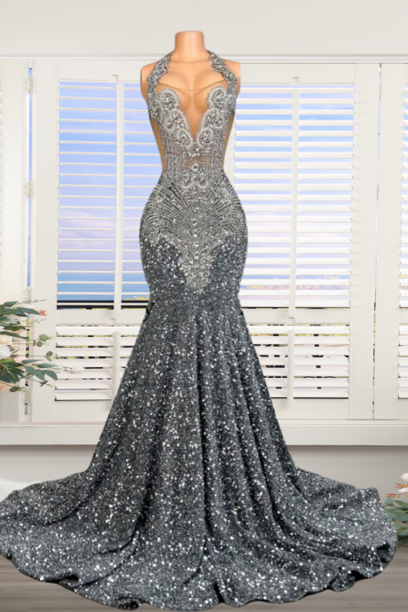 Fashion Luxury Prom Dresses 2025 Halter Gray Sparkly Evening Gowns For Women 2024 Rhinestones Embellished Glitter Prom Gown 2026 Formal Occasion