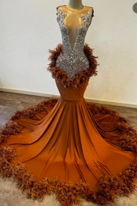 Feather Rhinestones Prom Dresses 2025 Vestidos De Gala Diamonds Mermaid Black Girls Fashion Prom Gown 2024 Formal Wear 2026