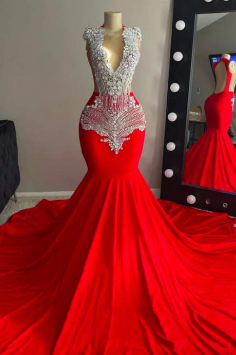 Diamonds Red Prom Dresses For Women Rhinestones Beading Elegant Luxury Evening Dresses Vestidos De Gala Modest Sparkly Fashion Party Dresses Robe