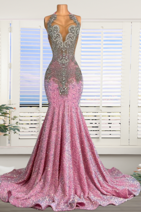 Pink Sparkly Prom Dresses 2025 Rhinestone Diamonds Luxury Evening Gown 2026 Glitter Halter Mermaid Formal Occasion Dresses Vestidos De Fiesta