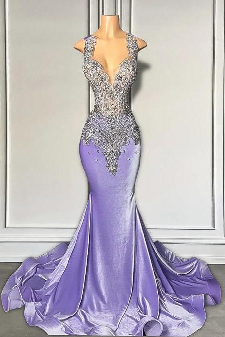 Velvet Purple Prom Dresses 2025 Rhinestones Diamonds Elegant Special Occasion Dresses Vestidos De Gala Mermaid Custom Formal Occasion Dresses