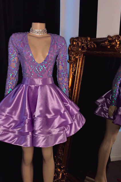 Purple Prom Dresses 2025 Lavender Sparkly Applique A Line Long Sleeve Tiered Prom Gown 2026 Vestidos De Graduacion Custom Prom Gown