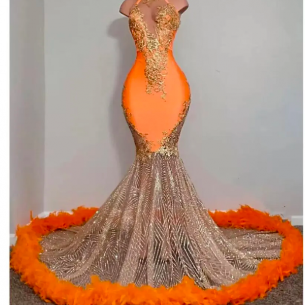Feather Orange Prom Dresses 2024 Sparkly Elegant High Neck Cheap Formal Gown 2025 Robes De Soiree Femme Modest Custom Evening Gown