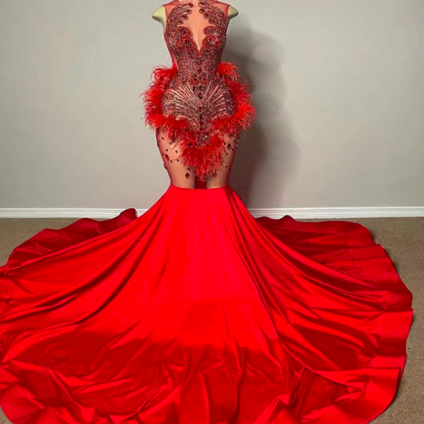 Red Luxury Prom Dresses Diamonds Rhinestones Luxury Birthday Party Dresses Feather Pageant Dresses for Women Graduation Vestidos De Gala Formal Occasion Dresses