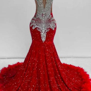 Feather Red Sparkly Prom Dresses Custom Make Glitter Fashion Rhinestones Women Party Dresses Mermaid Diamonds Luxury Evening Dresses Vestidos De Fiesta 