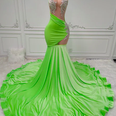 Lime Green Prom Dresses Sparkly Lace Applique Mermaid Evening Gown Pleated Fashion Party Dresses Vestidos De Gala 