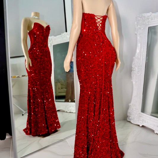 Strapless Red Sparkly Prom Dresses for Women Fully Sequined Glitter Evening Formal Gowns Fashion Elegant Party Dresses 